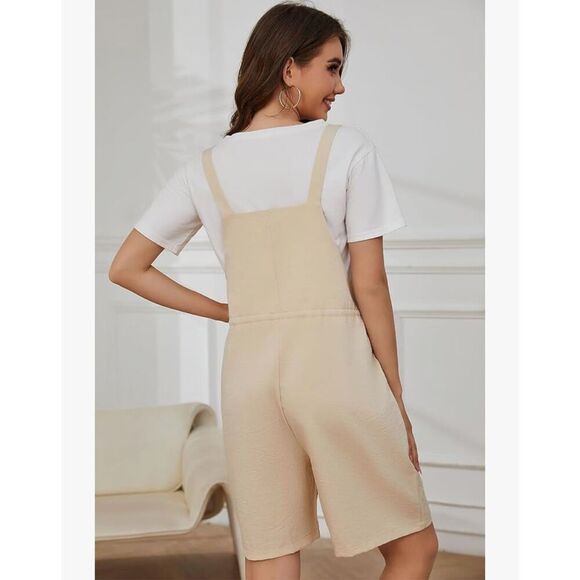 NEW Khaki Short Overalls Loose Adjustable Strap Romper Pockets M - Picture 2 of 7